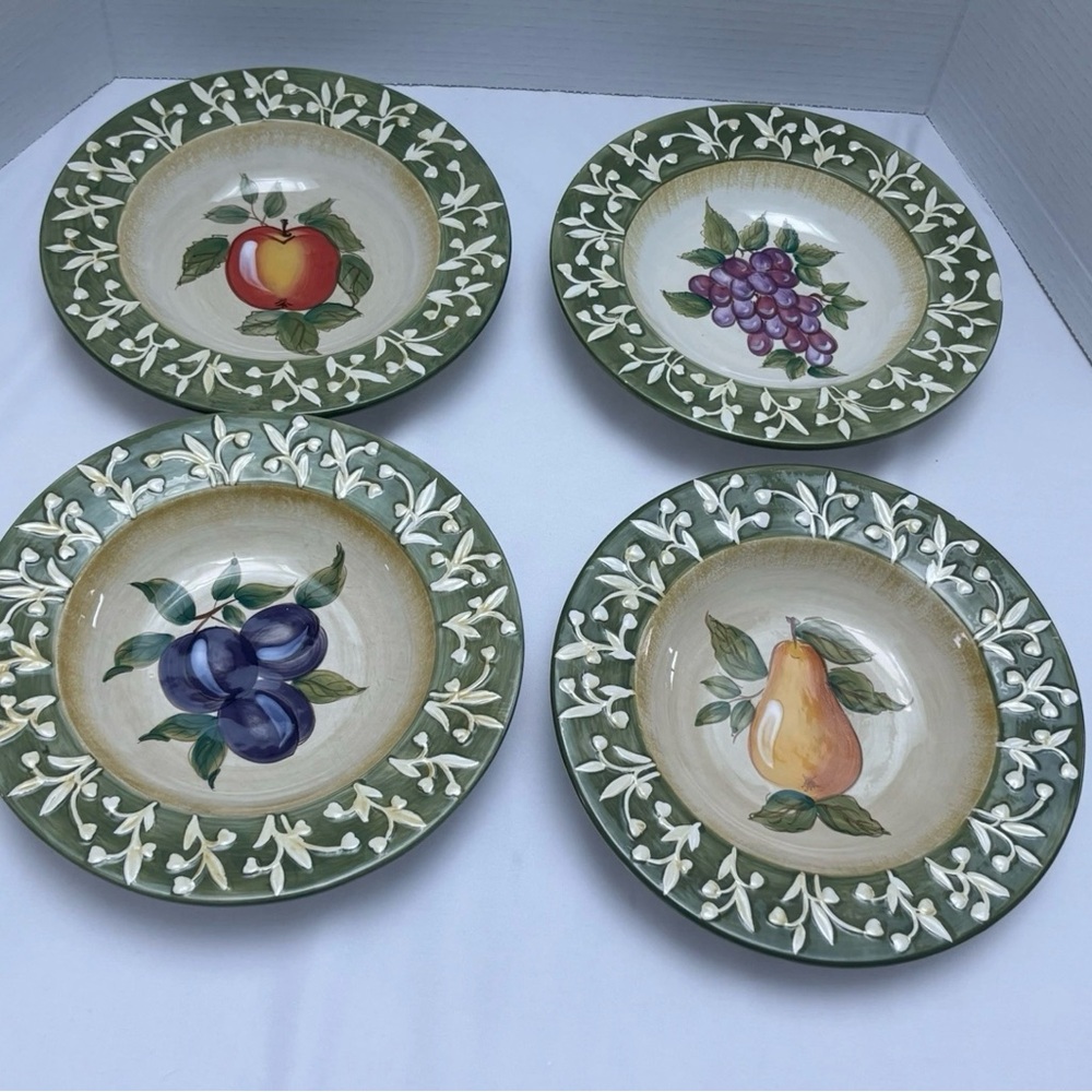 Gourmet Home Accents Fruit Stoneware Plates Green White Embossed Edge 9” Set 4